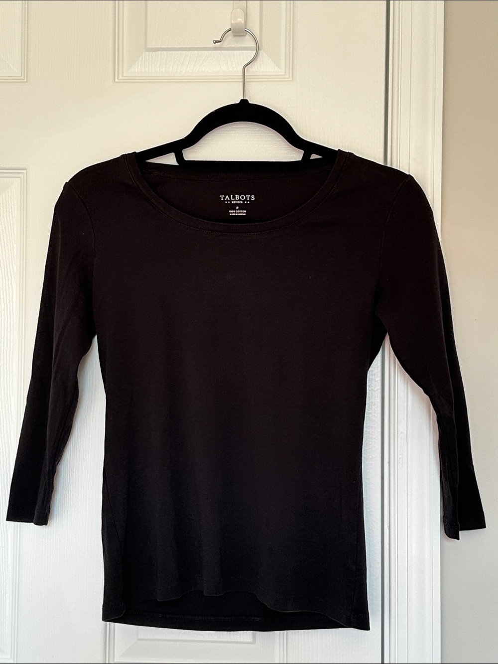 Talbots Black Cotton Crewneck 3/4 Sleeve Top Size P (Petite XS)